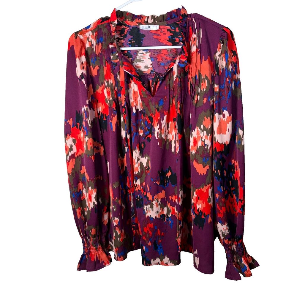 HT Blouse Women's Large V-Neck Printed Colorful Long Sleeve Ruffle Top Shirt